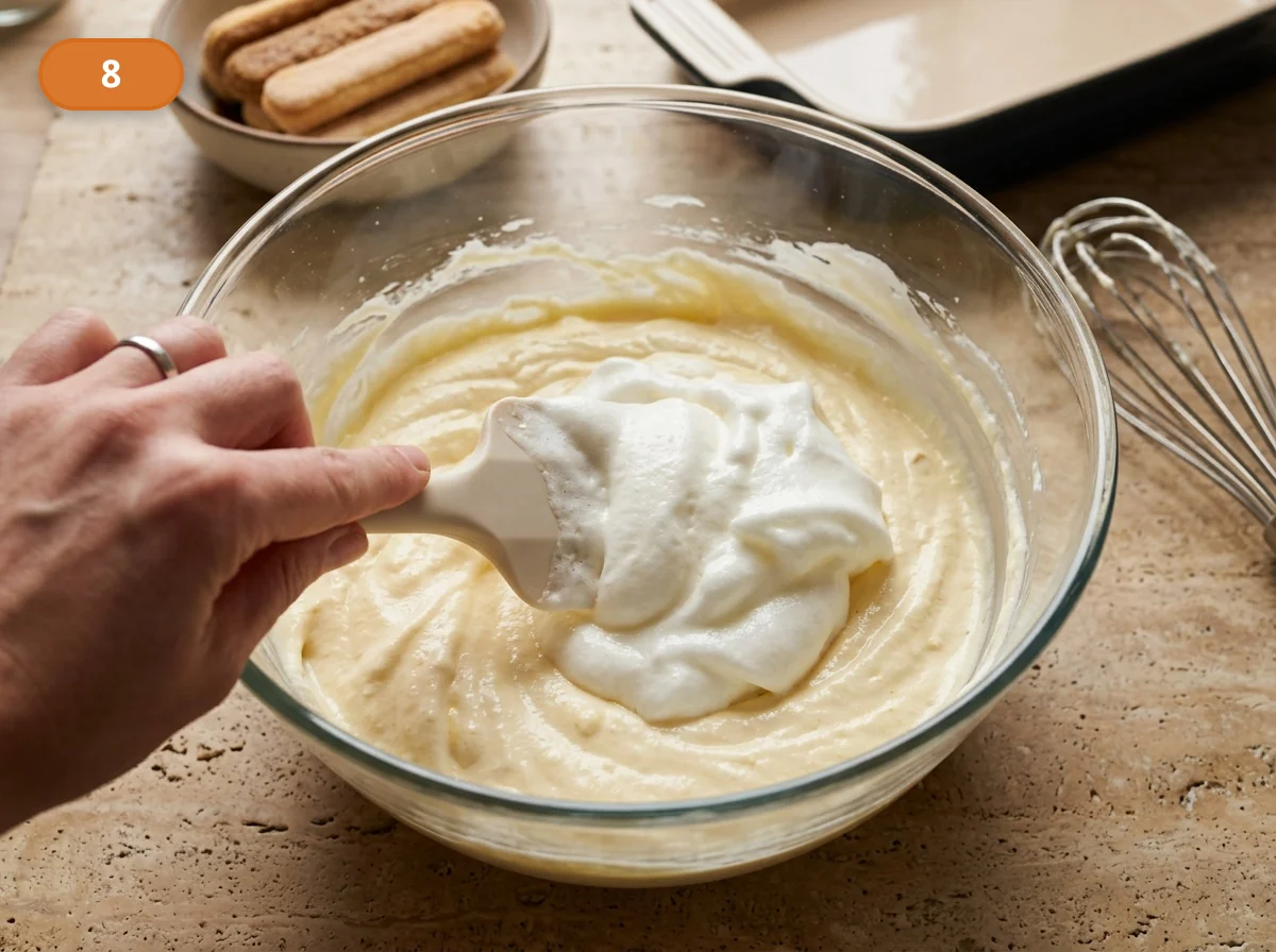 Тирамису: фото процесса приготовления — добавьте оставшиеся белки и поднимайте массу снизу вверх, пока крем не станет воздушным и ровным