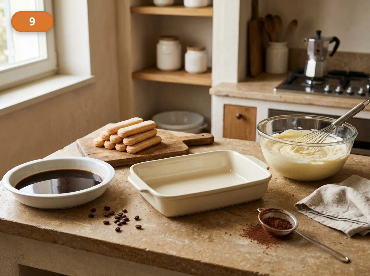 Тирамису: фото процесса приготовления — перелейте охлаждённый кофе в удобную широкую ёмкость и поставьте рядом форму, крем и савоярди для быстрой сборки