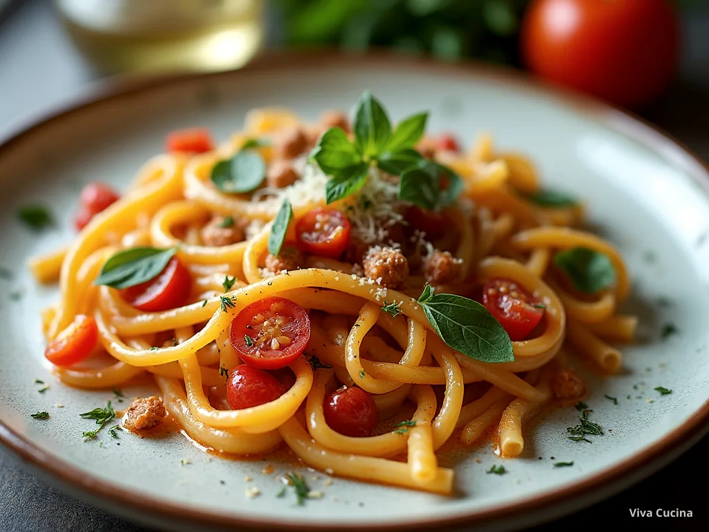 Фузилли с тунцом и томатно-базиликовым соусом — готовое блюдо из категории «Паста» на сайте Viva Cucina