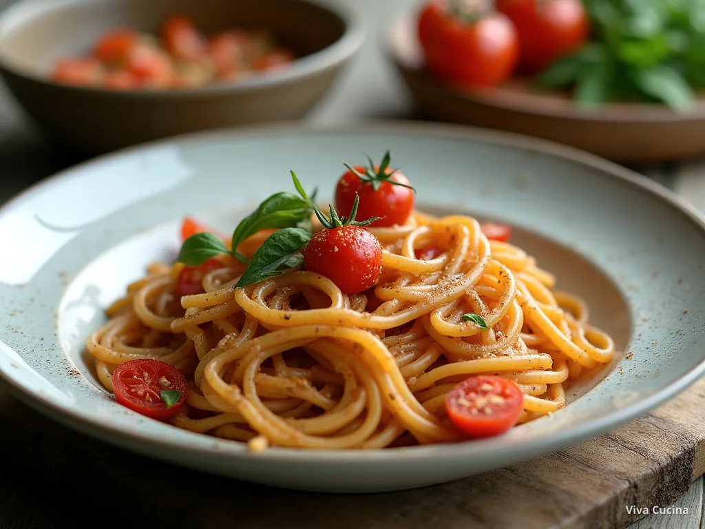 Лингвини с колбаской и томатно-базиликовым соусом — готовое блюдо из категории «Паста» на сайте Viva Cucina