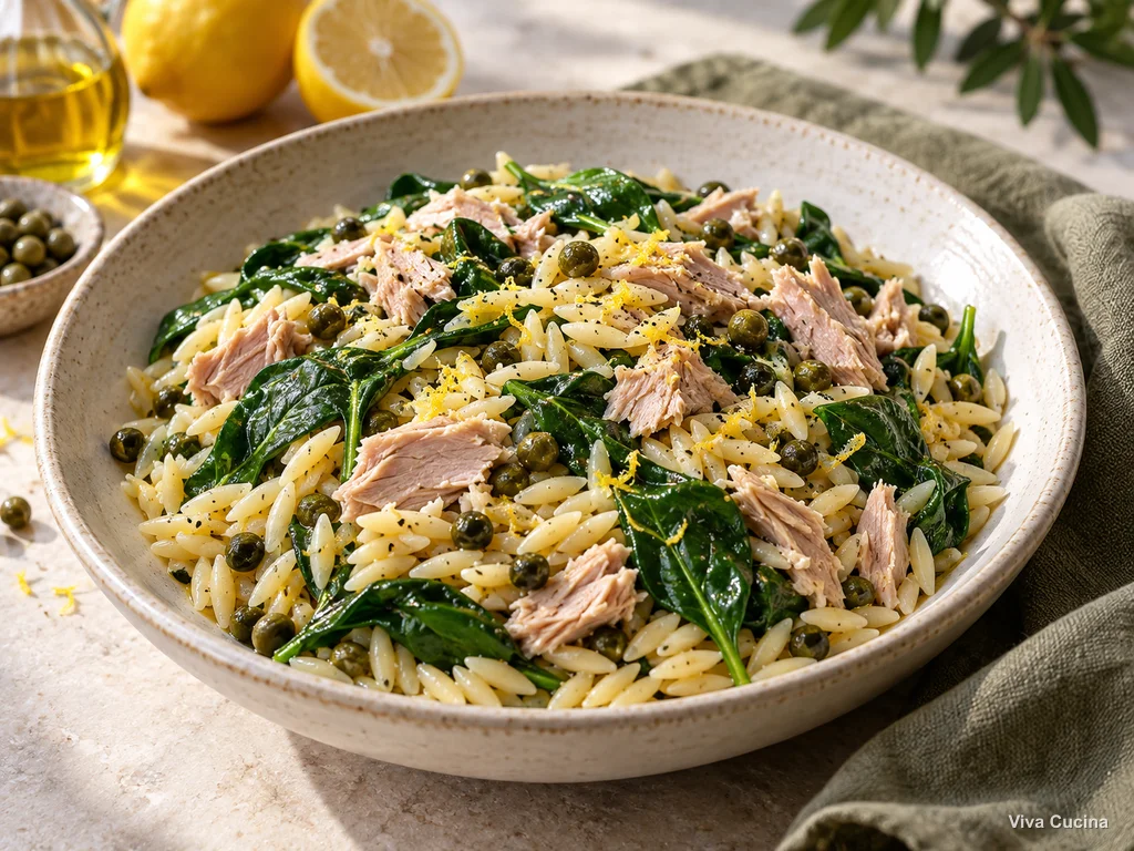 Орзо с шпинатом и соусом из тунца и каперсов | Viva Cucina Орзо с шпинатом и соусом из тунца и каперсов — готовое блюдо из категории «Паста» на сайте Viva Cucina